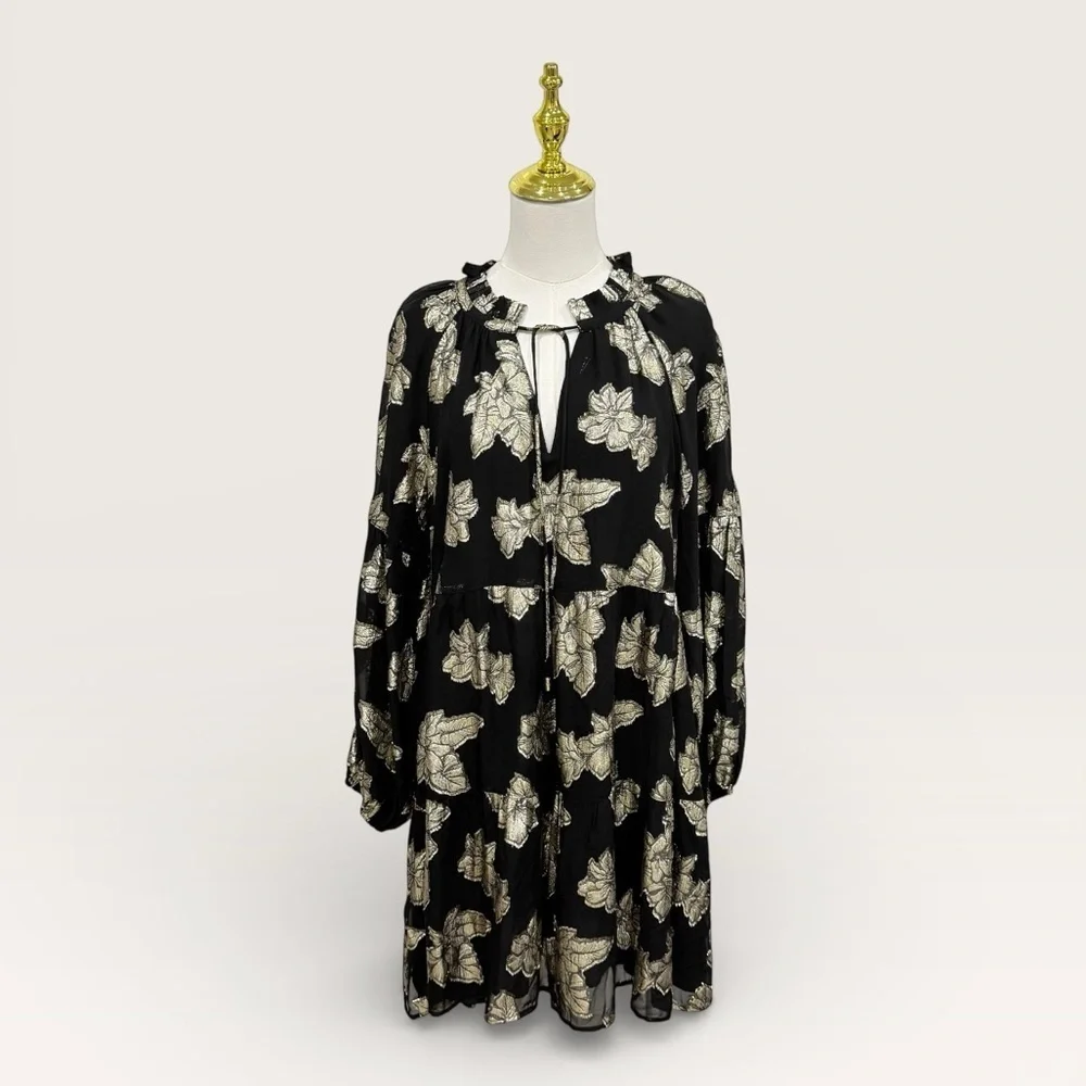 Tommy Bahama Shimmering Shores Long Sleeve Tiered Shift Dress Black Gold NWT